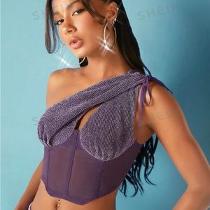 SHEIN BAE One Shoulder Drawstring Detail Mesh Insert Crop Top